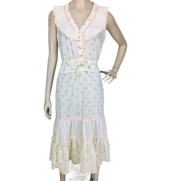 Vintage 70s White Swiss Dot Calico Floral Rose Button-Down Tiered Prairie Dress - Picture 2 of 9